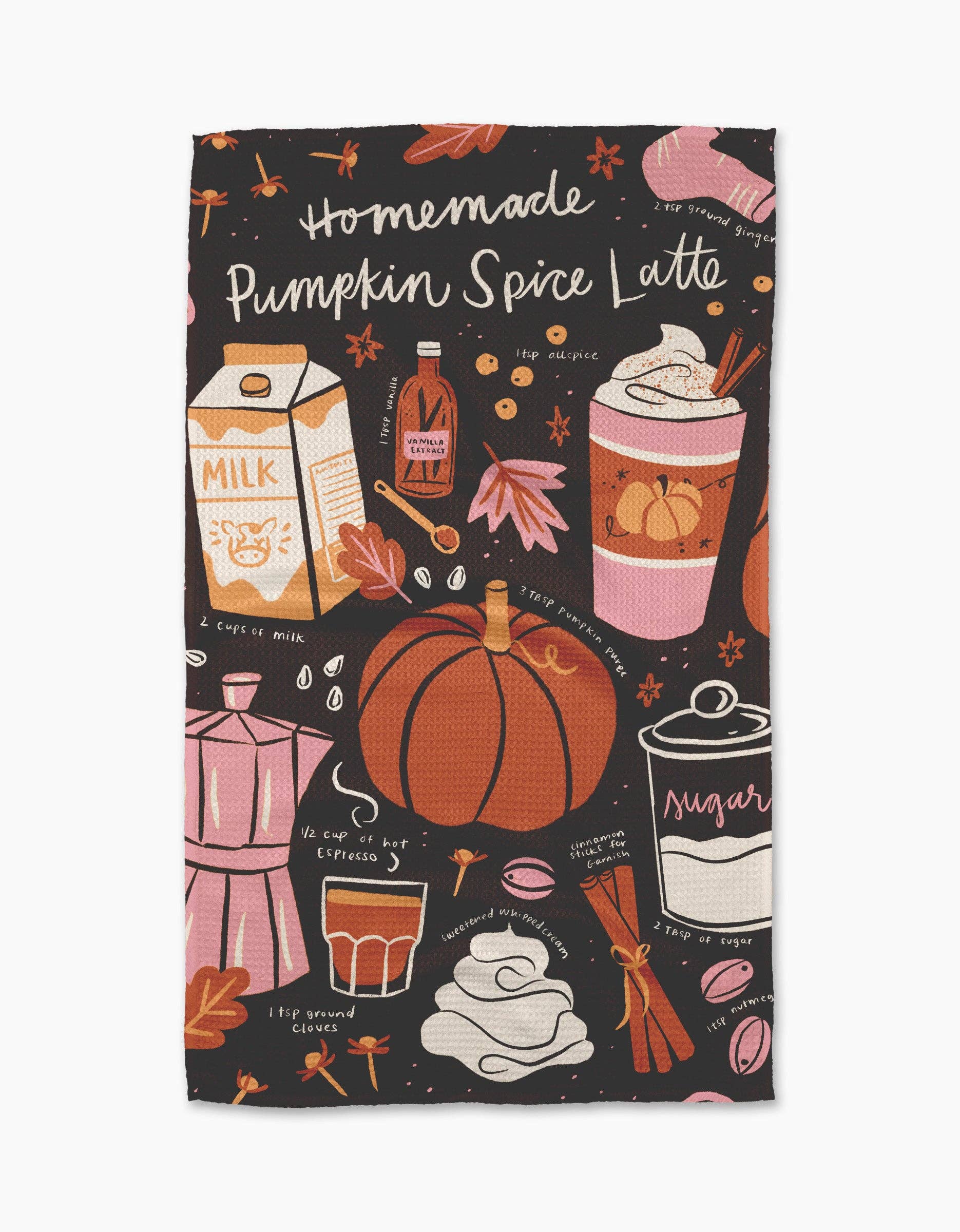 Dark fall-themed tea towel with illustrated pumpkin spice latte recipe and ingredients