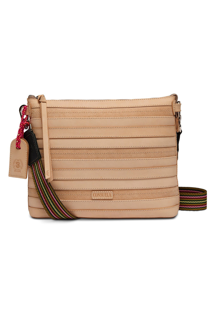 Consuela Amina Downtown Crossbody in natural tan leather with striped guitar strap and quilted panels
