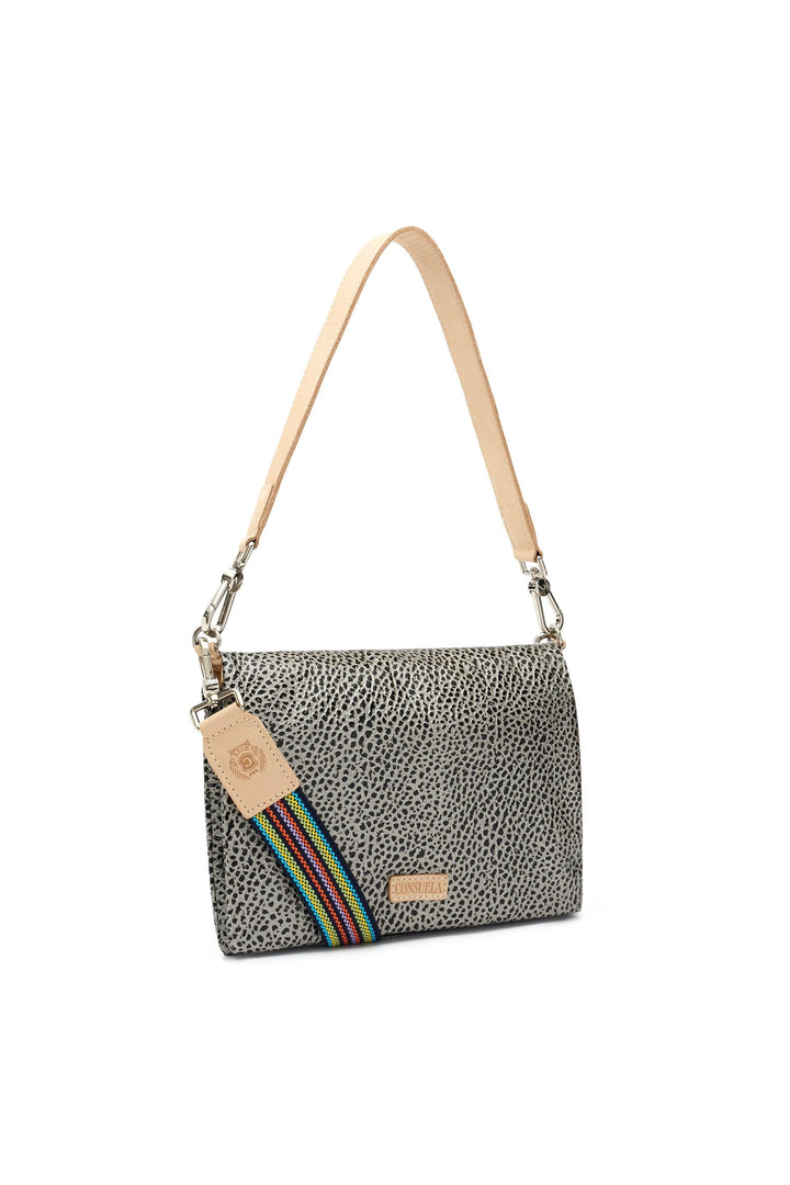 Consuela Metro Crossbody Tommy bag in grey speckled print with tan leather strap and rainbow stripe detail
