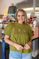 Everly Eyelet Blouse-Olive-1- Tops-ENTRO-Usher & Co - Women's Boutique Located in Atoka, OK and Durant, OK
