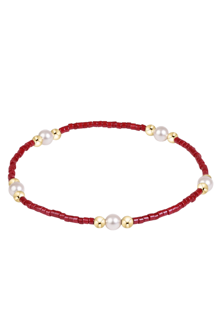 Maroon seed bead stretch bracelet with white pearls and gold-filled beads