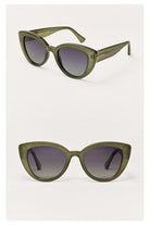 Z Supply Golden Hour cat-eye sunglasses in olive green with gradient polarized lenses, shown from two angles