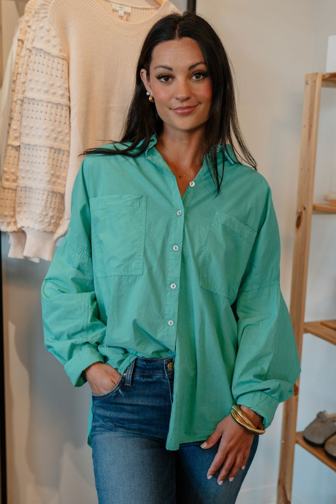 Kate Oversized Buttondown-Green-Long Sleeve Tops-Labiz-Usher & Co - Women's Boutique Located in Atoka, OK and Durant, OK