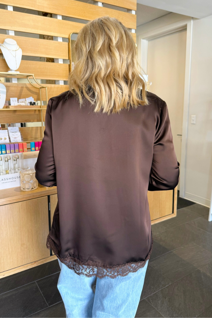 Lace Satin Long Sleeve-Brown-1- Tops-Glam-Usher & Co - Women's Boutique Located in Atoka, OK and Durant, OK