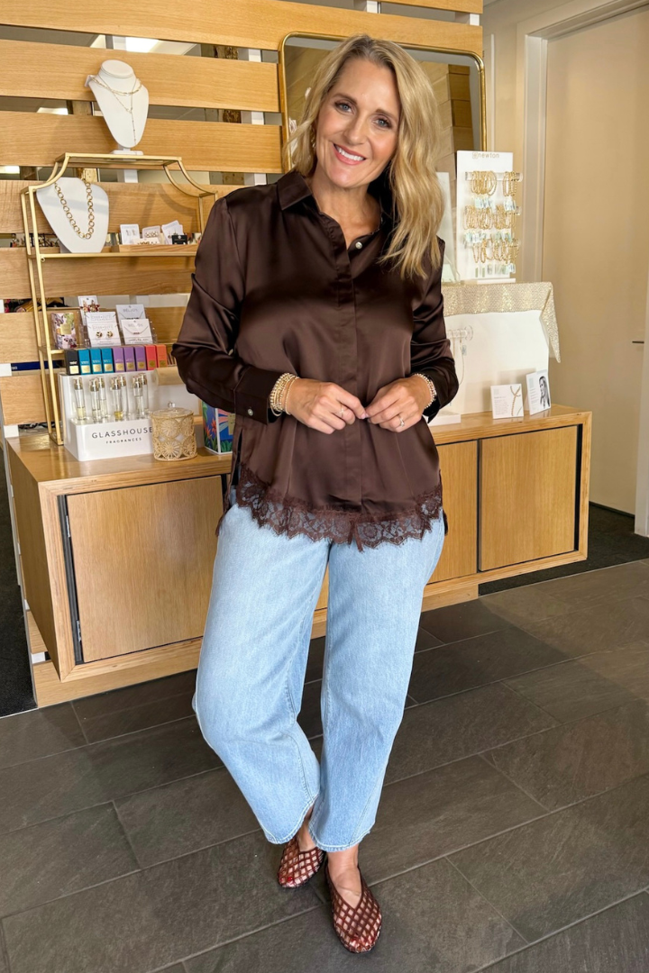 Lace Satin Long Sleeve-Brown-1- Tops-Glam-Usher & Co - Women's Boutique Located in Atoka, OK and Durant, OK