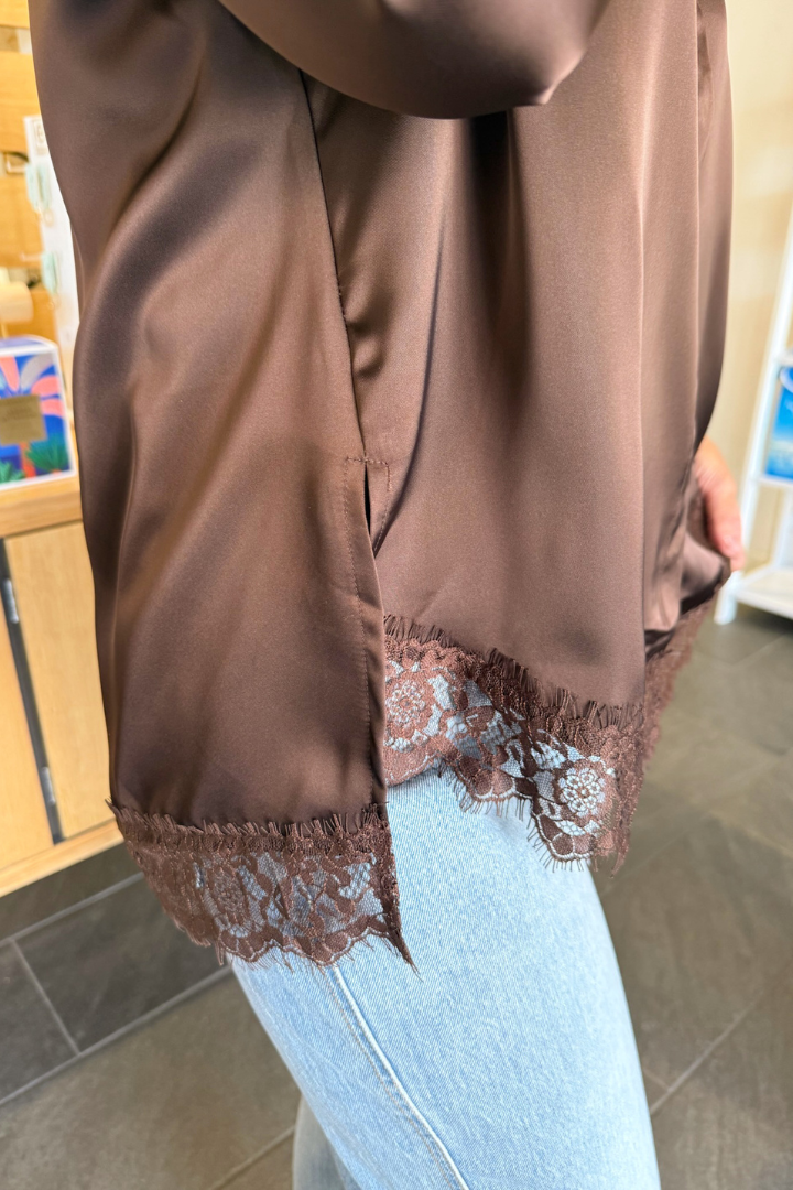 Lace Satin Long Sleeve-Brown-1- Tops-Glam-Usher & Co - Women's Boutique Located in Atoka, OK and Durant, OK