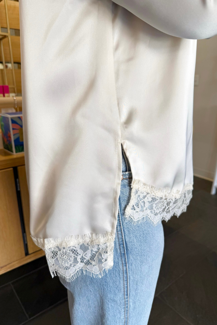 Lace Satin Long Sleeve-Ivory-1- Tops-Glam-Usher & Co - Women's Boutique Located in Atoka, OK and Durant, OK