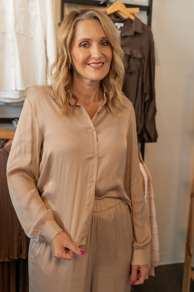 Z Supply: Serenity Lux Satin Top-Rattan-Long Sleeve Tops-Z SUPPLY-Usher & Co - Women's Boutique Located in Atoka, OK and Durant, OK