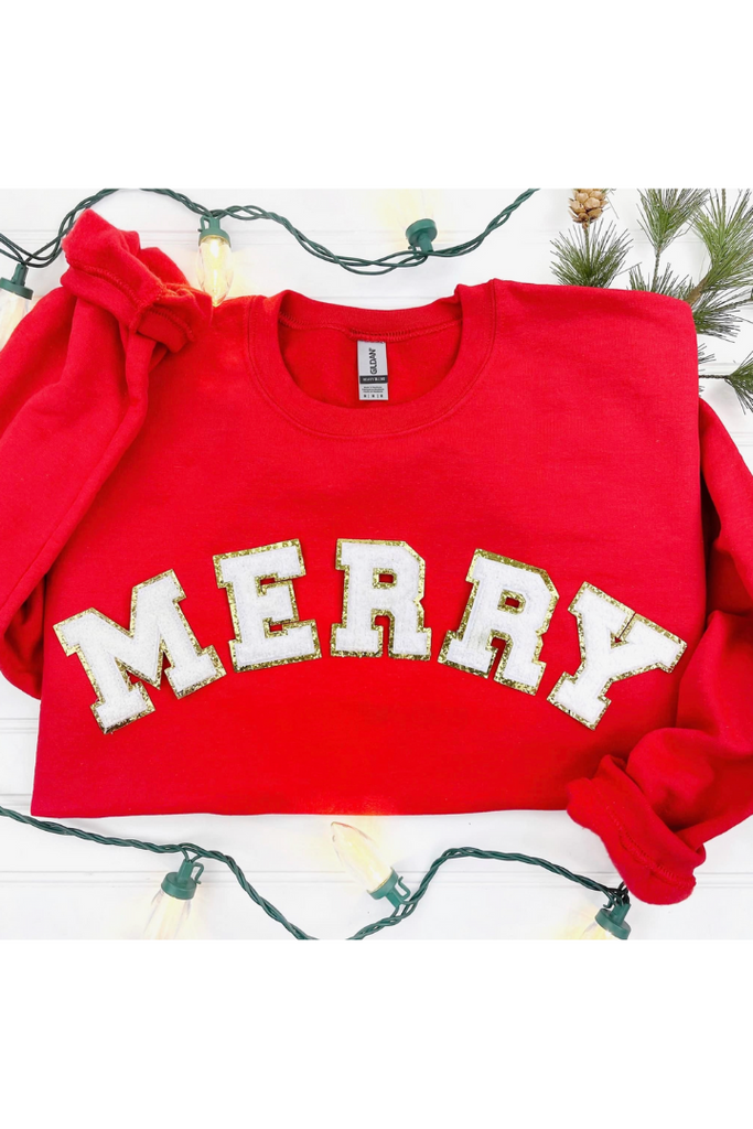 MERRY Chenille Patch Sweatshirt-Graphic Sweatshirts-Nikki Lynn Wholesale-Usher & Co - Women's Boutique Located in Atoka, OK and Durant, OK
