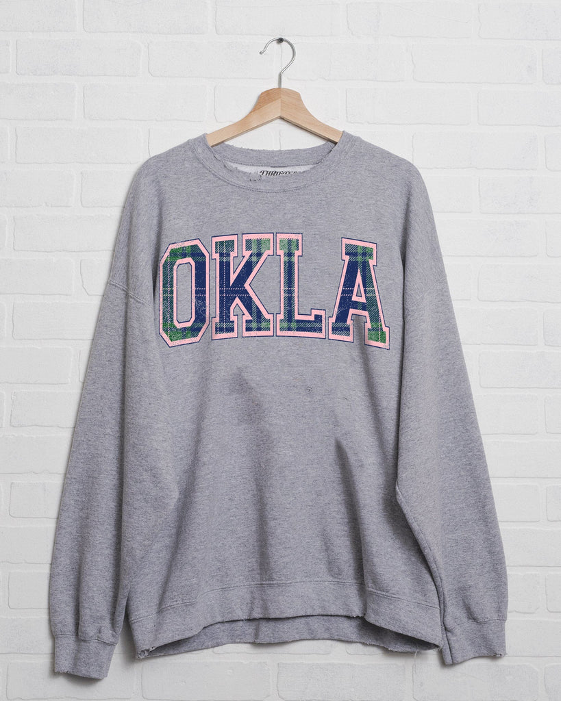 Oklahoma Plaid Arch Thrifted Sweatshirt-Gray-Sweatshirts-LIVYLU-Usher & Co - Women's Boutique Located in Atoka, OK and Durant, OK