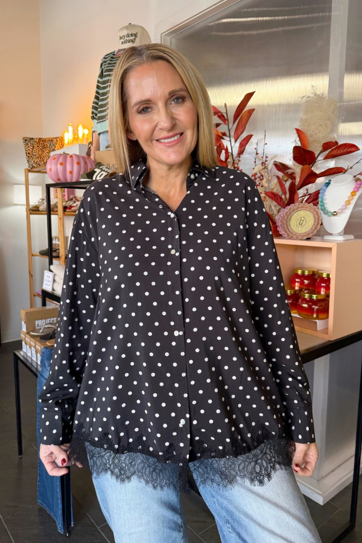 Farrah Polka Dot Button Down-1- Tops-Glam-Usher & Co - Women's Boutique Located in Atoka, OK and Durant, OK