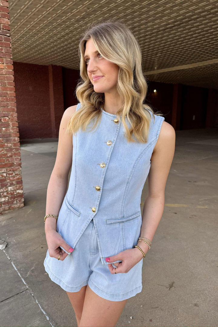 Sophia Denim Vest-1- Tops-Needi-Usher & Co - Women's Boutique Located in Atoka, OK and Durant, OK