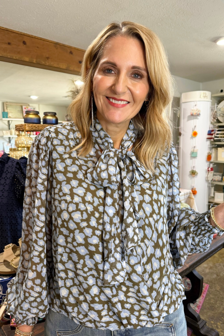 Sutton Scarf Blouse-Blue Combo-1- Tops-ENTRO-Usher & Co - Women's Boutique Located in Atoka, OK and Durant, OK