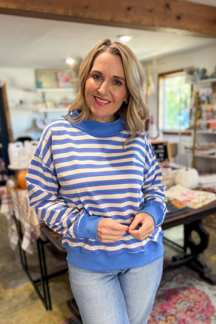Rylee Striped Mock Neck Top-Blue Multi-1- Tops-Things Between-Usher & Co - Women's Boutique Located in Atoka, OK and Durant, OK
