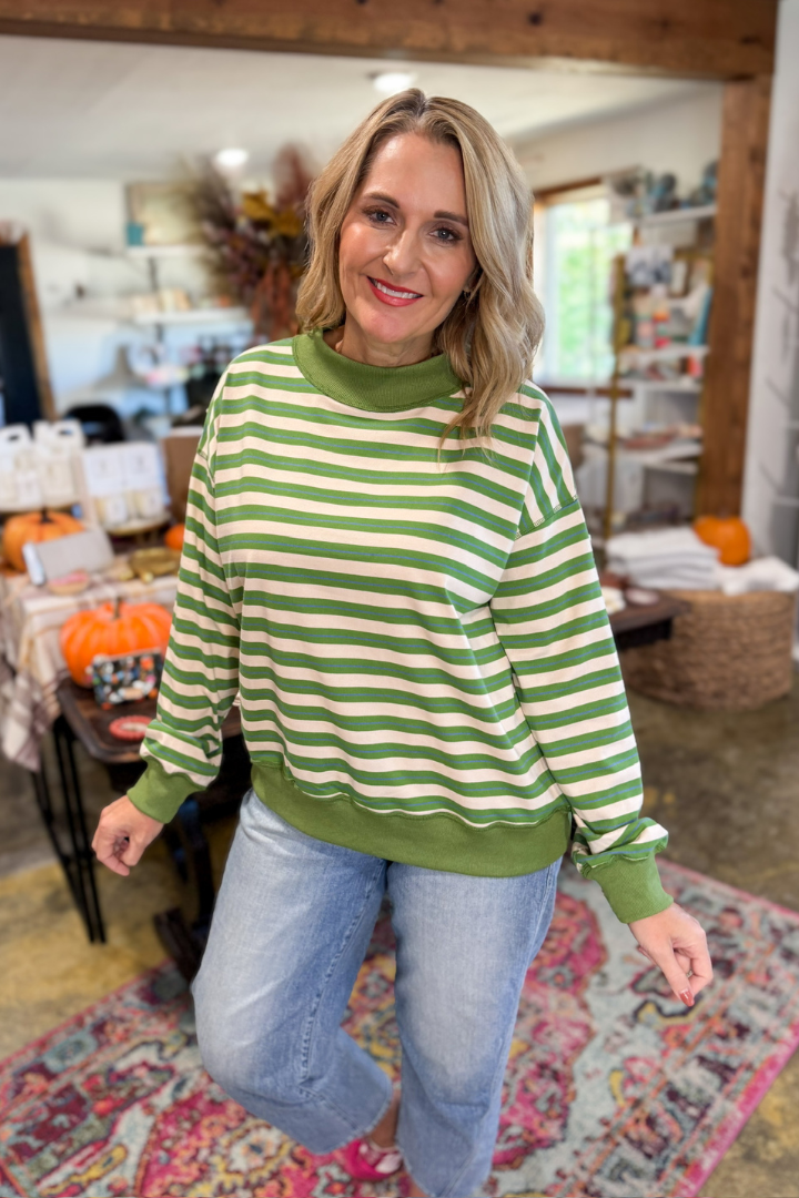 Rylee Striped Mock Neck Top-Green Multi-1- Tops-Things Between-Usher & Co - Women's Boutique Located in Atoka, OK and Durant, OK