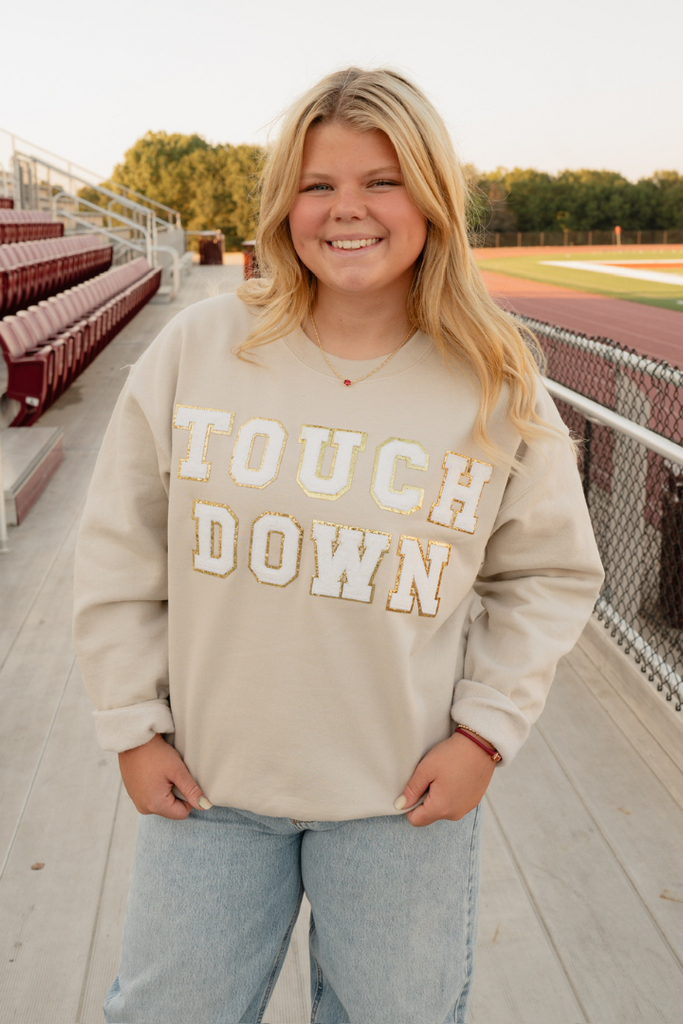 TOUCHDOWN Patch Sweatshirt-Graphic Sweatshirts-Nikki Lynn Wholesale-Usher & Co - Women's Boutique Located in Atoka, OK and Durant, OK