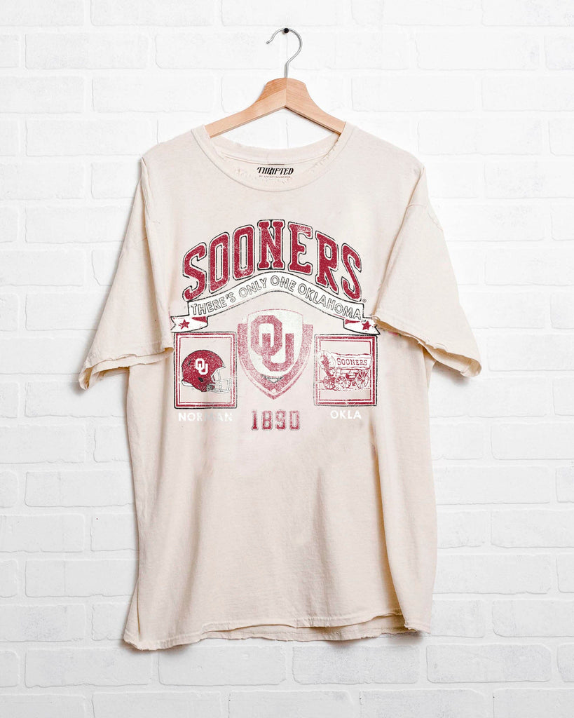 OU Sooners Prep Patch Off White Thrifted Tee-Graphic Tees-LIVYLU-Usher & Co - Women's Boutique Located in Atoka, OK and Durant, OK
