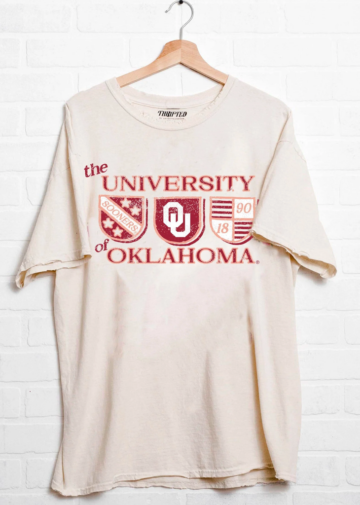 OU Shield Thrifted Tee-Graphic Tees-LIVYLU-Usher & Co - Women's Boutique Located in Atoka, OK and Durant, OK